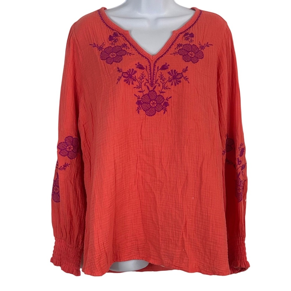 Belle Beach Kim Gravel Women's M Orange Embroidered Cotton Gauze Boho Blouse